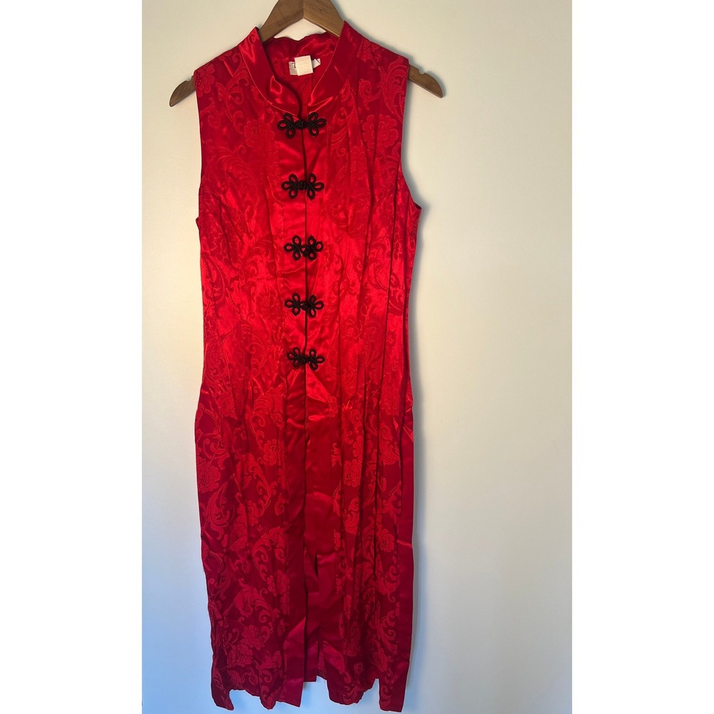 Te Rez New York Cheongsam Dress W 12 Red Satin Floral Frog Closures Oriental